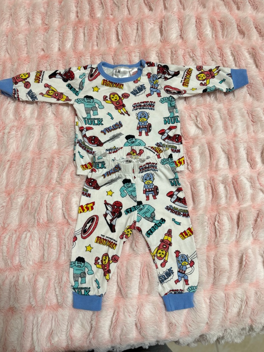 H&M White Marvel Print One-Piece Pajama with Blue Trim